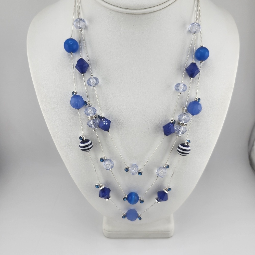 Layered Silver‎ Tone Blue Bead Necklace